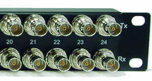 [Photo of 24 E1 Telco Balun Panel with BNC coax connectors]